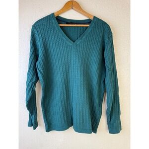Y2K Tommy Hilfiger Kids XL Teal Green Cable Knit V-Neck Cotton Sweater J1XS0168